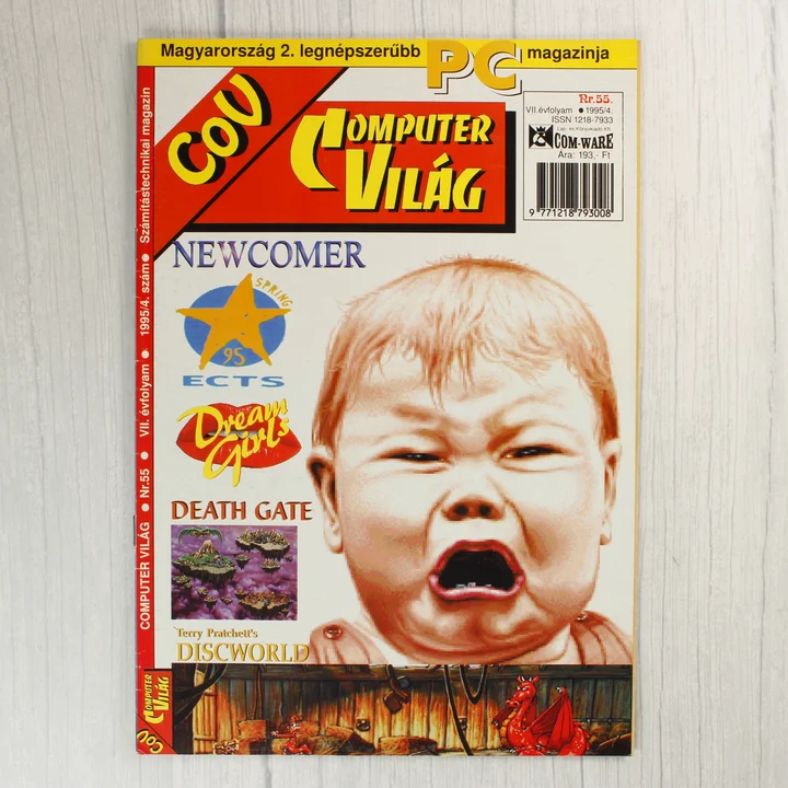 A Commodore Világ 1995. áprilisi számának címlapja egy síró kisgyermekkel.