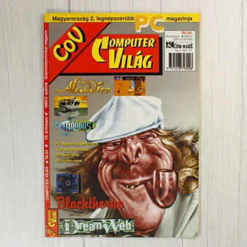 A Commodore Világ magazin 54. számának címlapja egy karikatúrával.