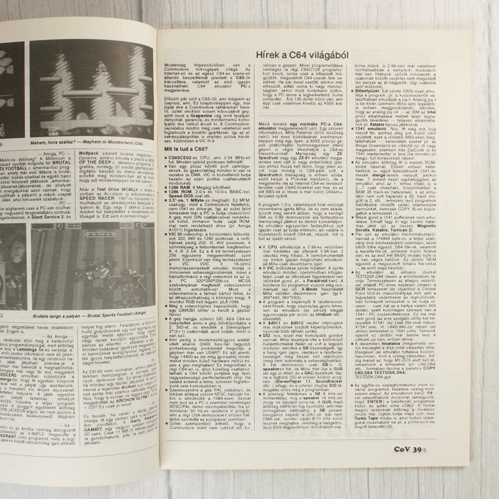 A Commodore Világ magazin belső oldala hírekkel és technikai leírásokkal