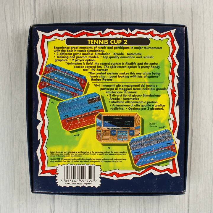 A Tennis Cup 2 videójáték dobozának hátoldala leírással és képernyőképekkel