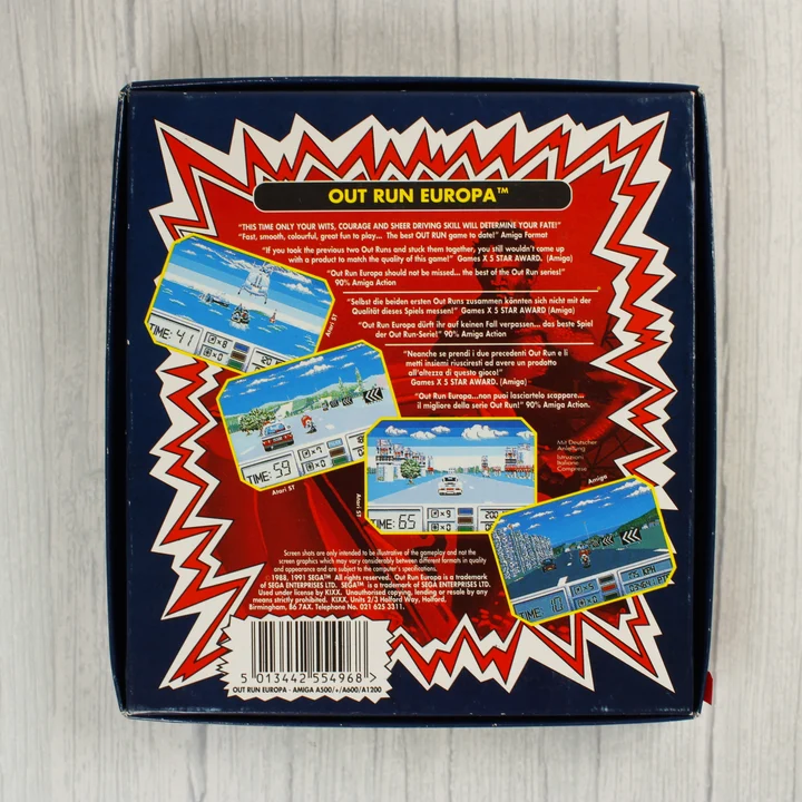 Out Run Europa doboz hátoldala képernyőmentésekkel