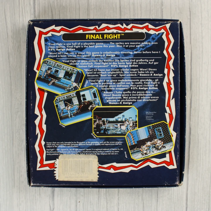 Final Fight videójáték dobozának hátoldala leírással és képekkel