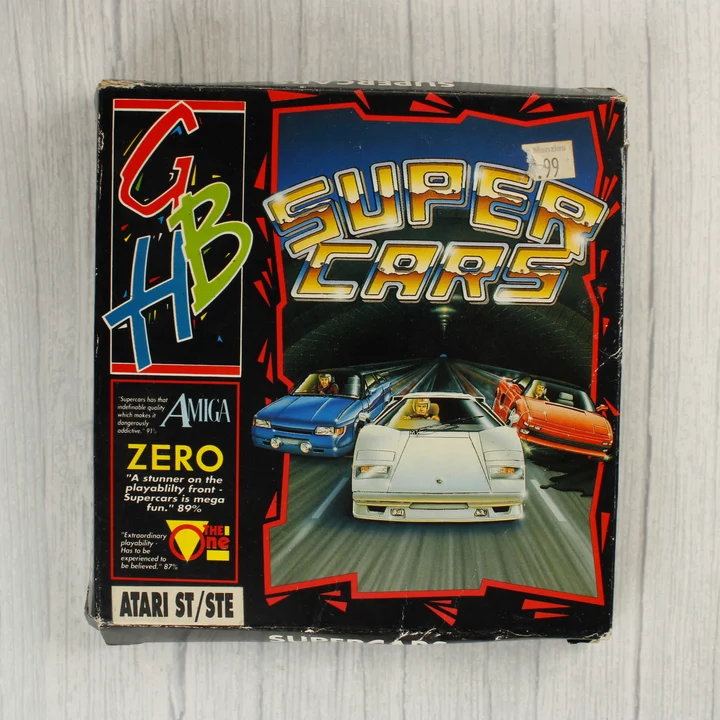 A Super Cars videójáték dobozának előlapja Atari ST platformra