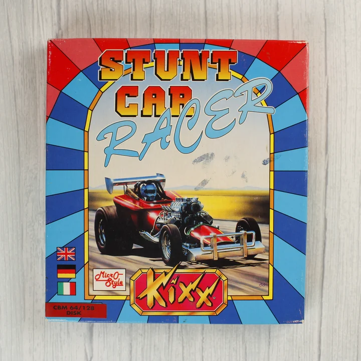 Stunt Car Racer videójáték dobozának előlapja Commodore 64 platformra