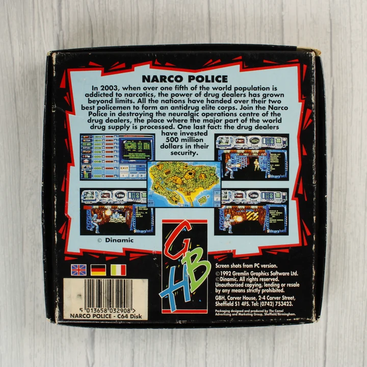 Narco Police Commodore 64 játék dobozának hátoldala