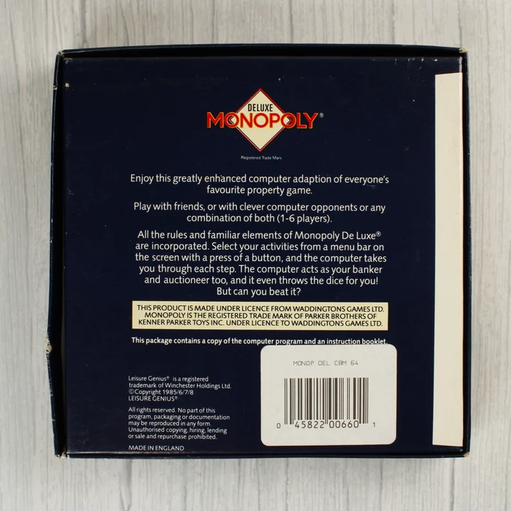 Monopoly Deluxe Commodore 64 videójáték dobozának hátoldala