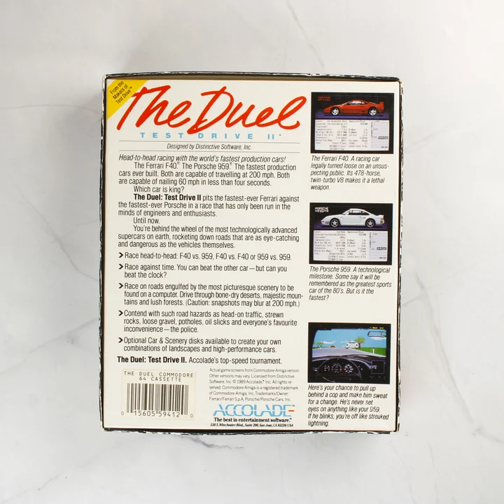 The Duel: Test Drive II C64 doboz hátlap The Duel: Test Drive II Commodore 64 játék dobozának hátoldala