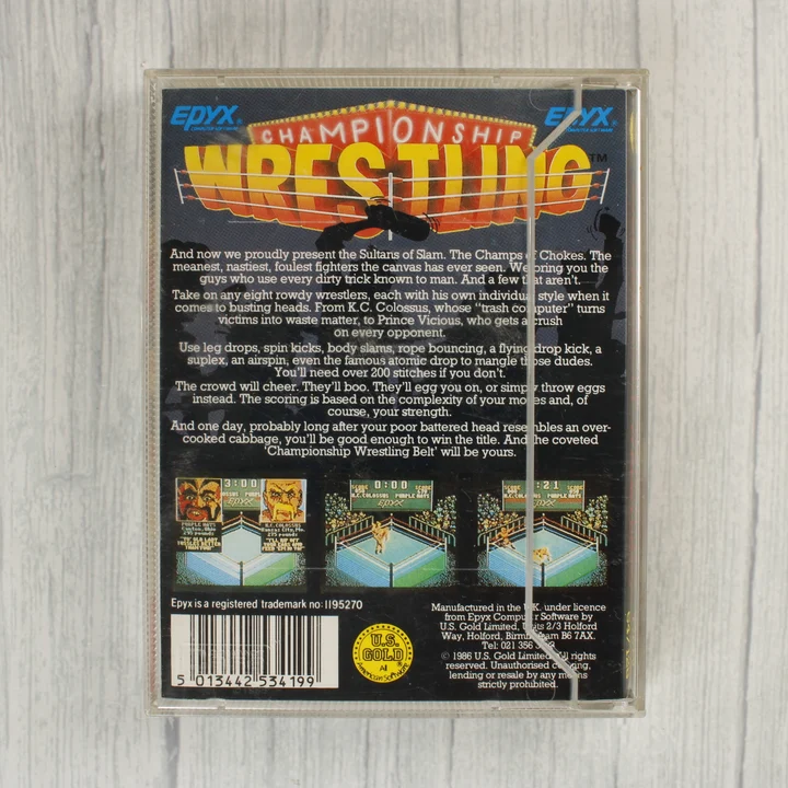 Championship Wrestling Commodore 64 játék kazetta tokban hátulnézetből