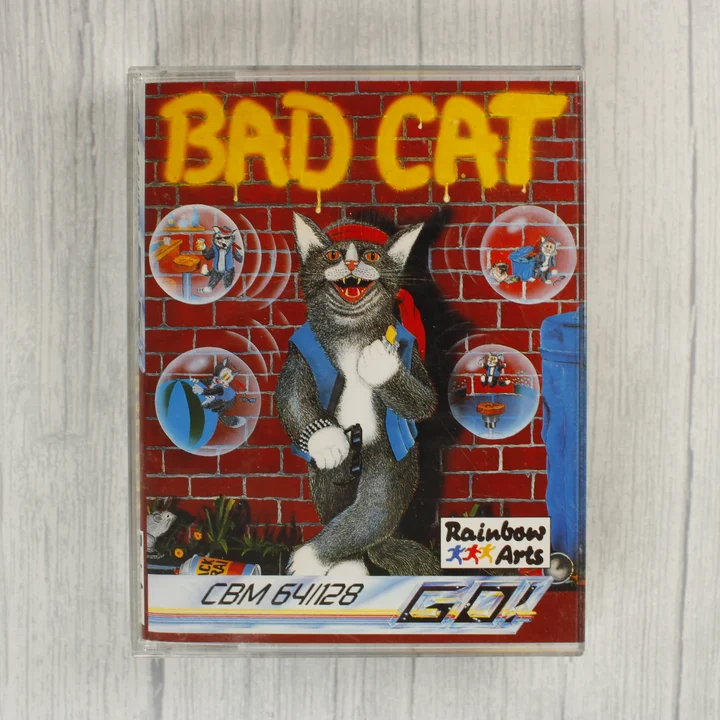 Bad Cat C64 borító Bad Cat videójáték Commodore 64 kazetta tokban elölnézetből