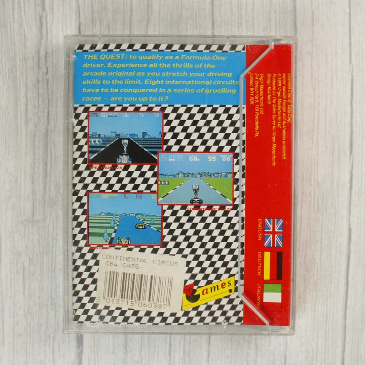 Continental Circus Commodore 64 játék kazetta tokja hátulról