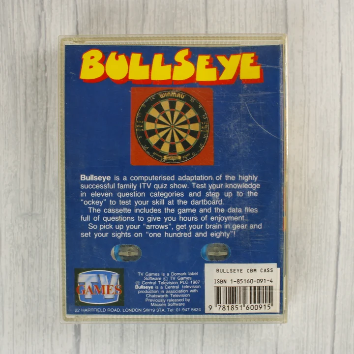 Bullseye videójáték tokjának hátoldala leírással és vonalkóddal