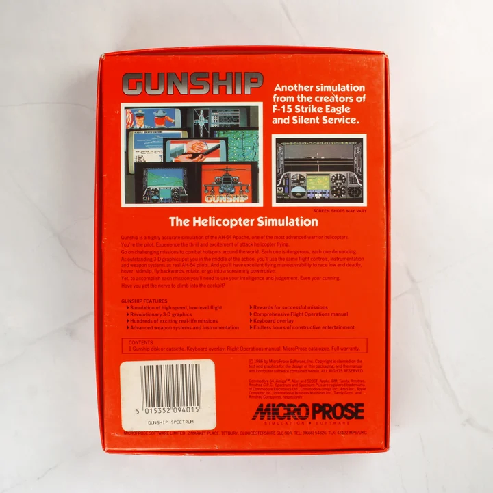 A Gunship videójáték dobozának hátoldala képernyőmentésekkel és leírással