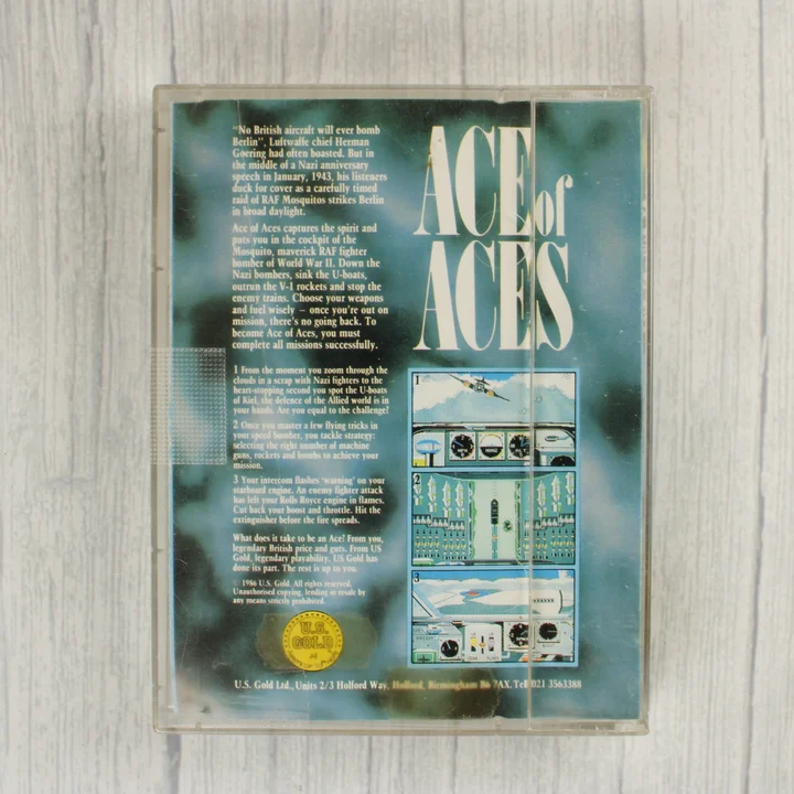 Ace of Aces Commodore 64 játék tok hátoldala leírással és képernyőképekkel