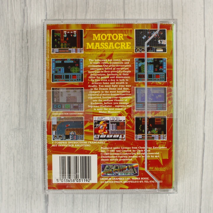 Motor Massacre Commodore 64 videójáték tok hátoldala leírással és vonalkóddal