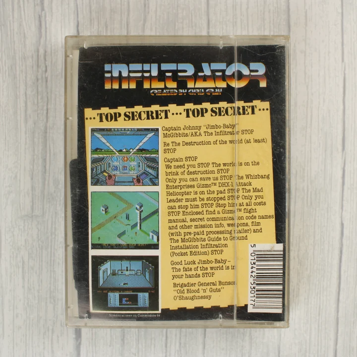 Infiltrator C64 tok hátulnézet Infiltrator Commodore 64 videójáték tokja hátulról