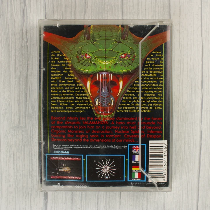 Salamander videójáték Commodore 64 kazetta tokban hátulnézet