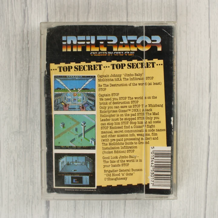 Infiltrator C64 hátlap Infiltrator Commodore 64 videójáték kazetta tokja hátulról