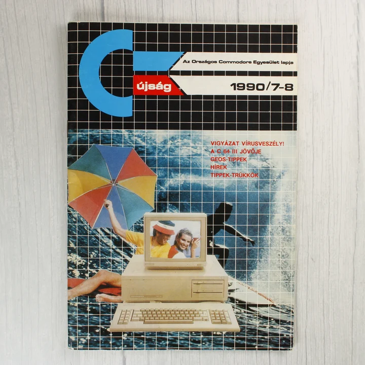A C-újság 1990. július-augusztusi számának címlapja egy Commodore számítógéppel.