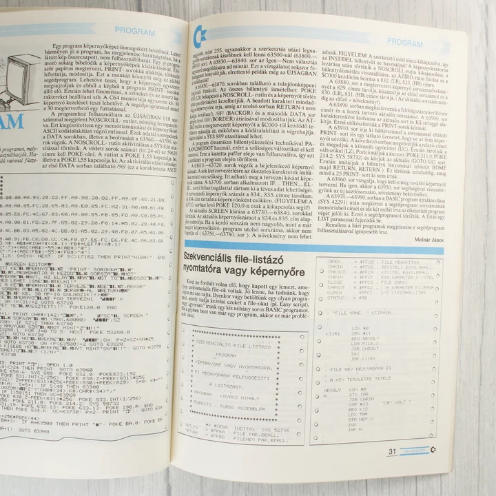 A C-újság belső oldala programkódokkal és technikai leírásokkal.