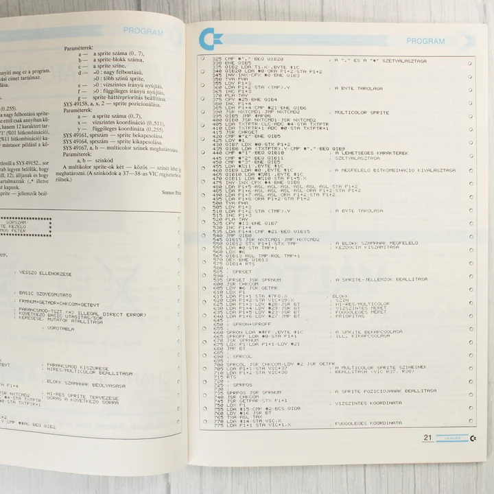 A folyóirat belső oldala assembly programkóddal.