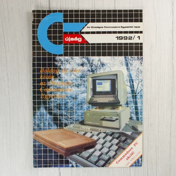 A C-újság 1992/1-es számának színes borítója egy Commodore PC-vel.