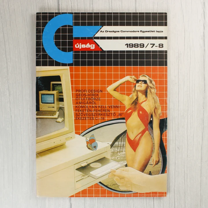 Commodore újság 1989/7-8 címlap A Commodore újság 1989/7-8 számának címlapja egy fürdőruhás nővel és egy számítógéppel.