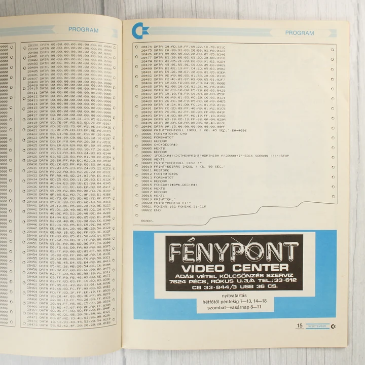 A Commodore újság belső oldala programkóddal és hirdetéssel