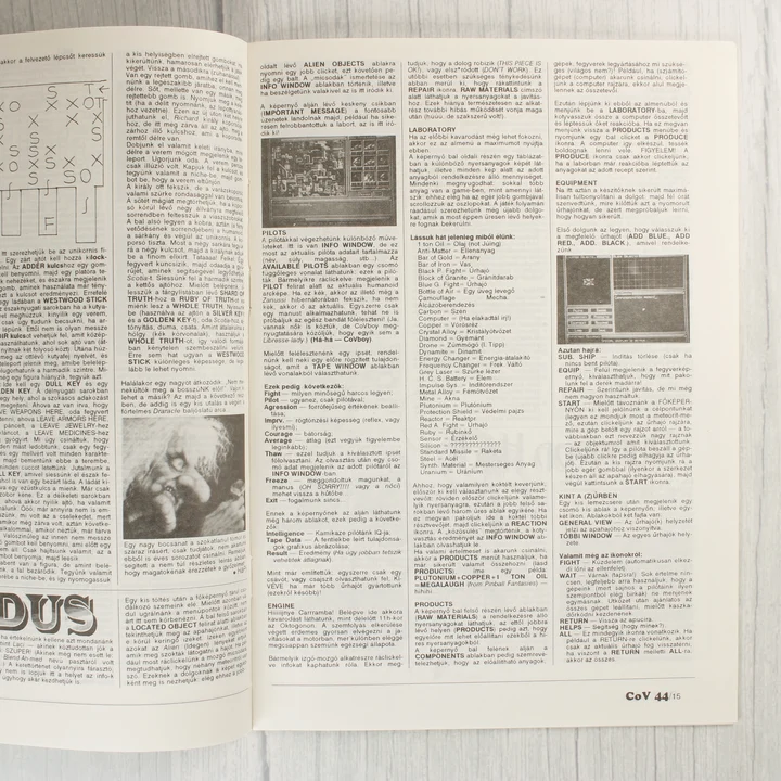 A Commodore Világ magazin egyik belső oldala sűrű szöveggel