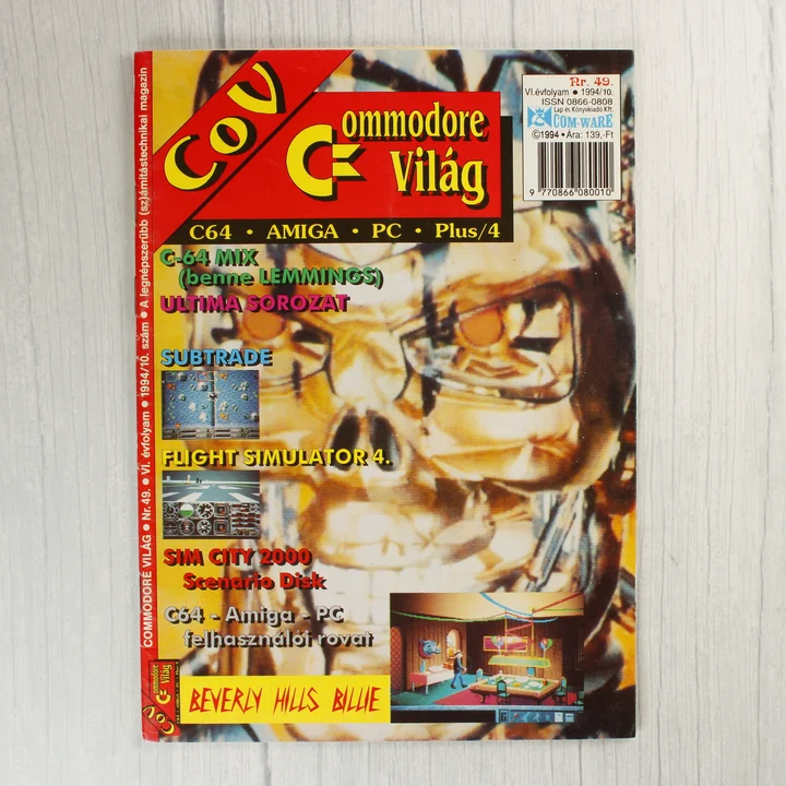 A Commodore Világ magazin 49. számának színes borítója egy koponya grafikájával.