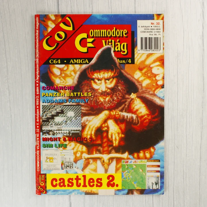 A Commodore Világ magazin 32. számának színes borítója egy harcos alakjával.
