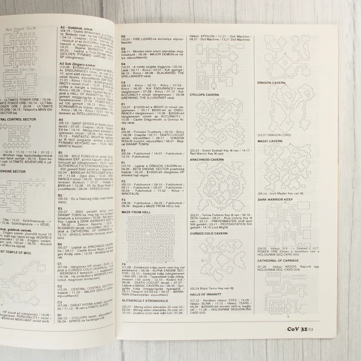 A Commodore Világ magazin belső oldala játéktérképekkel és leírásokkal.