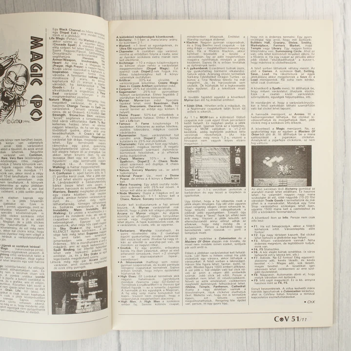 A Commodore Világ magazin belső oldala a Master of Magic játékleírással