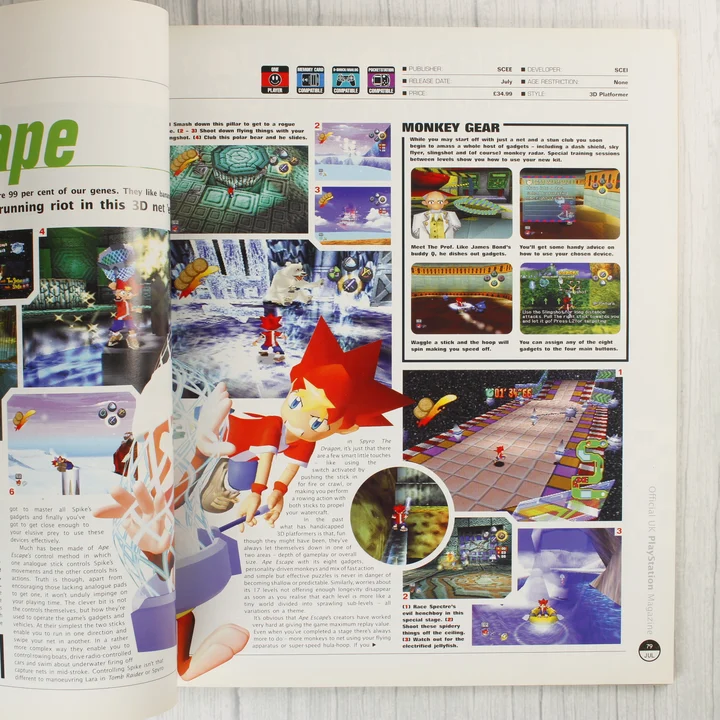 Belső oldalpár az Ape Escape videójáték részletes leírásával.