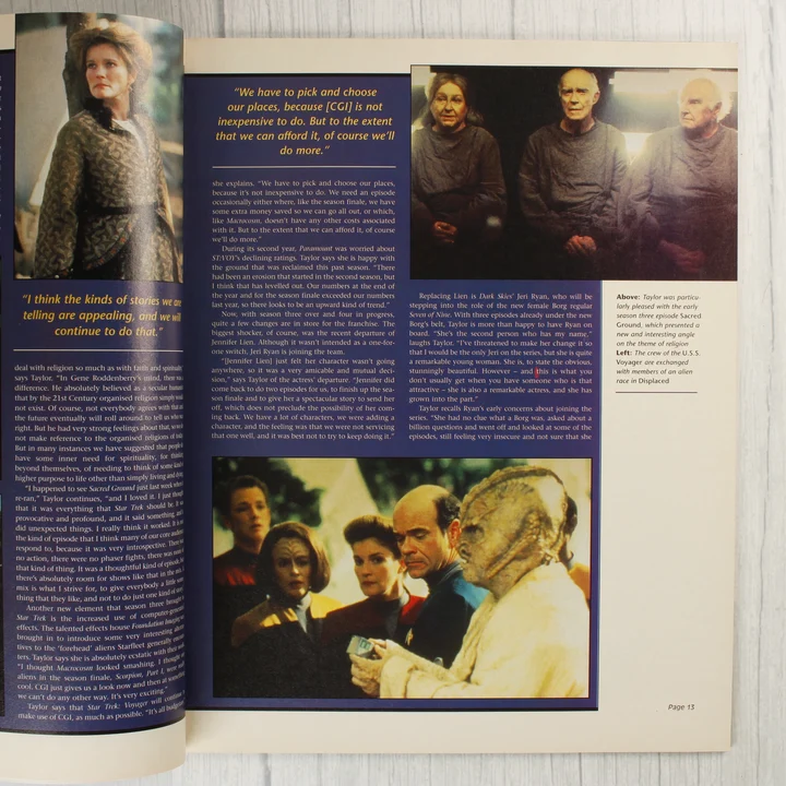 A Star Trek magazin egy másik belső oldalpárja színes fotókkal és interjúrészletekkel.