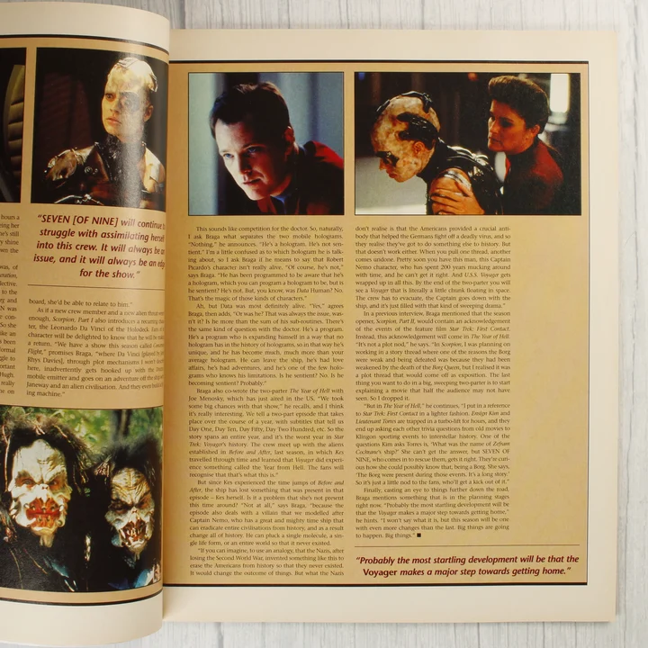 Star Trek magazin cikk részlet A magazin belső oldala szöveges tartalommal és színes sorozatképekkel.