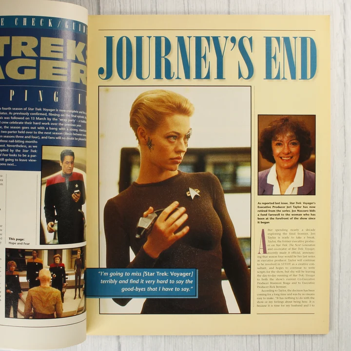 Star Trek Monthly belső oldal interjú A magazin belső oldala egy Jeri Ryanről készült nagy fotóval és egy Jeri Taylor interjúval.