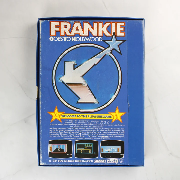 Frankie Goes to Hollywood C64 doboz hátoldal A videójáték dobozának hátoldala leírással