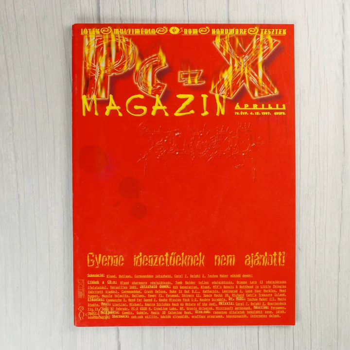 PC-X magazin 1997 április A PC-X magazin 1997. áprilisi számának vörös borítója lángoló feliratokkal.