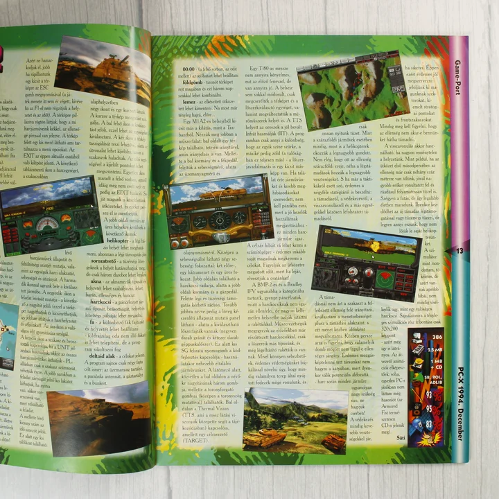 PC-X magazin cikk részlet A PC-X magazin egy másik belső oldalpárja, amelyen egy szimulátor játék leírása látható.