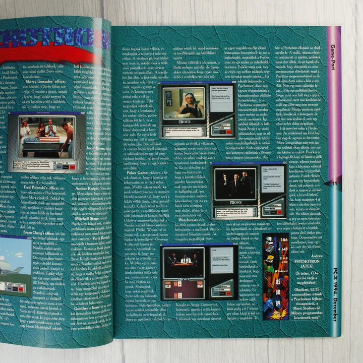 PC-X magazin belső tartalom A PC-X magazin egyik belső oldalpárja videójáték tesztekkel és képernyőmentésekkel.