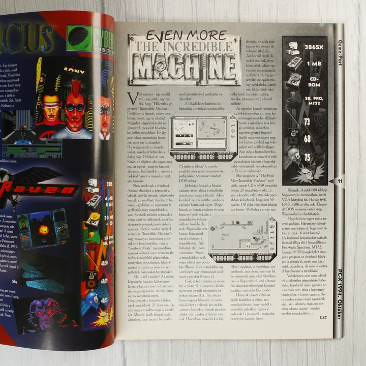 A PC-X magazin belső oldala a The Incredible Machine játékismertetőjével