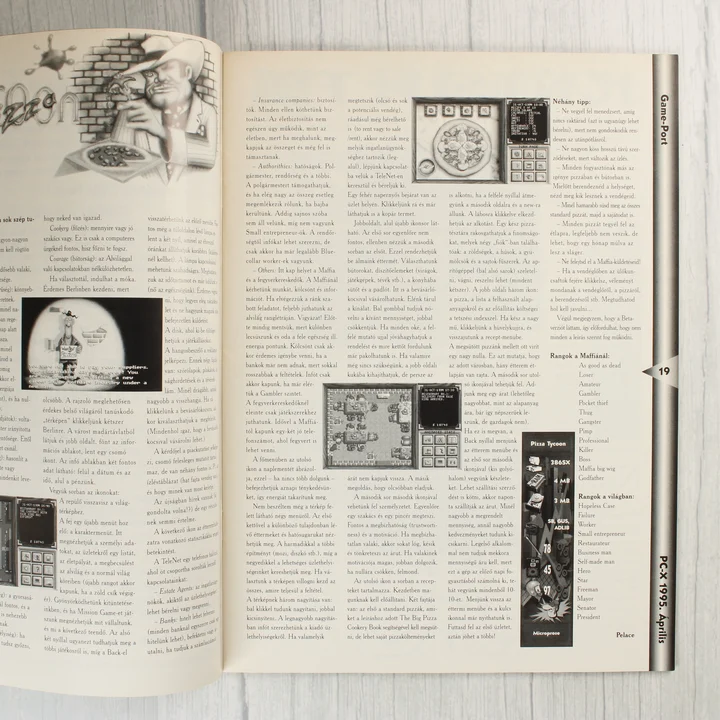 PC-X magazin Pizza Tycoon cikk A PC-X magazin belső oldala a Pizza Tycoon videójáték leírásával.