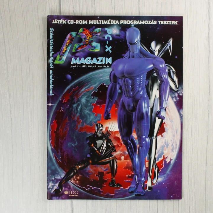 PC-X magazin 1995 január A PC-X magazin 1995. januári számának színes borítója lila és ezüst alakokkal.
