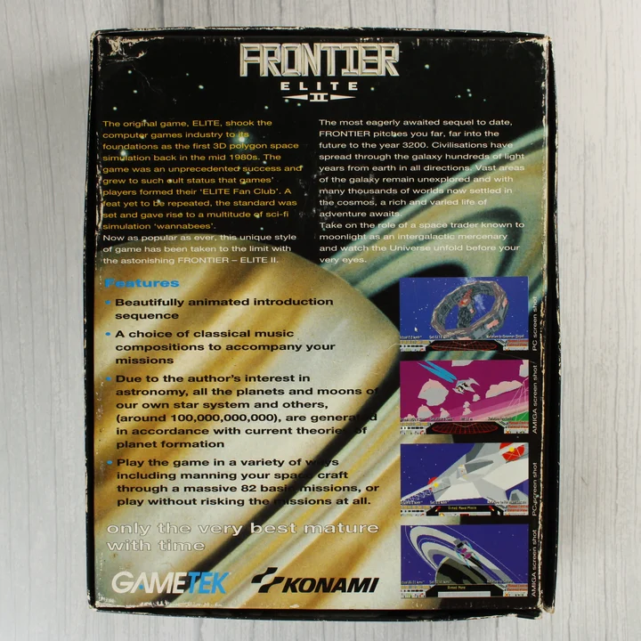 Frontier: Elite II doboz hátlap Frontier: Elite II Amiga CD32 játék dobozának hátoldala
