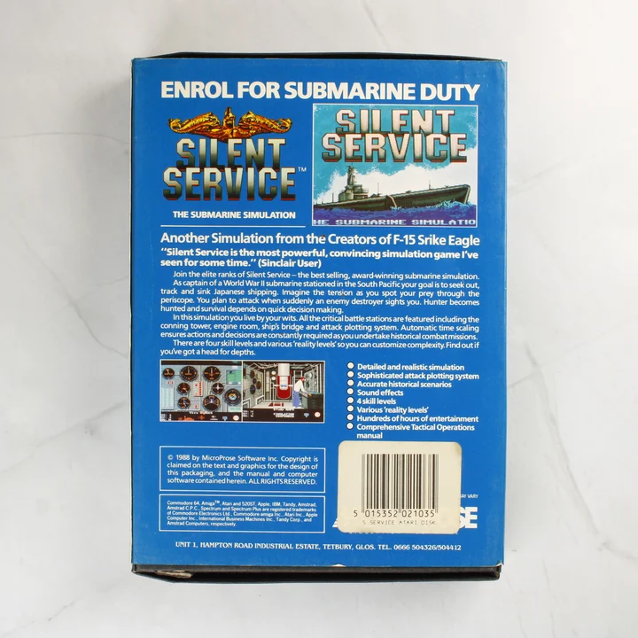 Silent Service doboz hátlap Silent Service Atari ST videójáték dobozának hátoldala