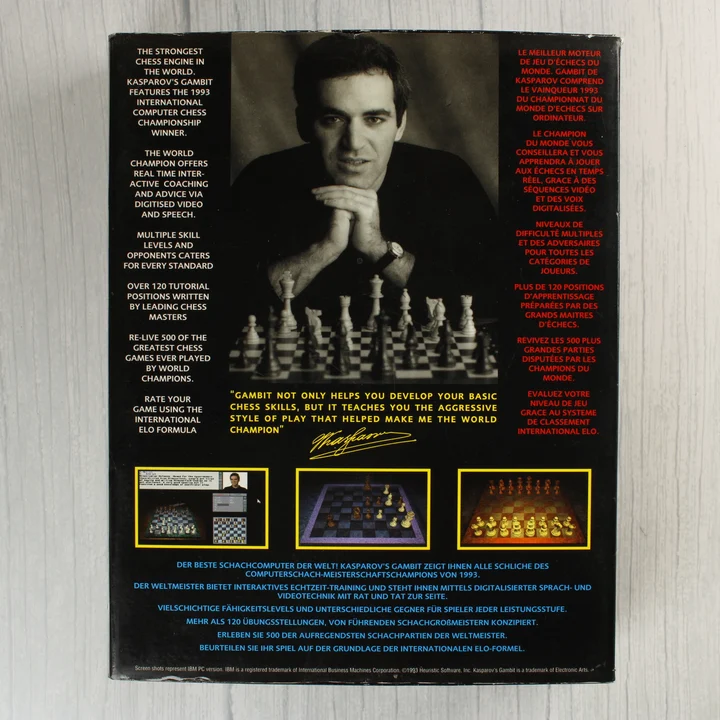 Kasparov's Gambit doboz hátlap Kasparov's Gambit videójáték dobozának hátoldala leírásokkal és képernyőmentésekkel