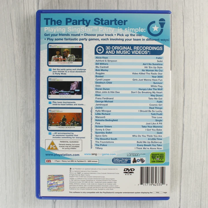 SingStar Party PlayStation 2 játék tokjának hátoldala a dallistával