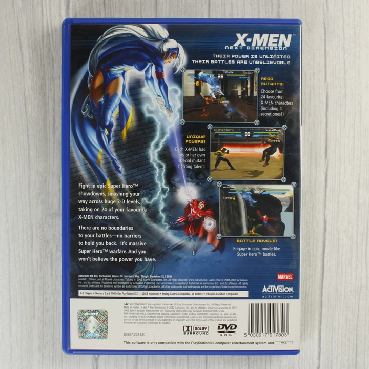 X-Men Next Dimension PS2 hátlap X-Men Next Dimension PlayStation 2 játék hátlapi borítója