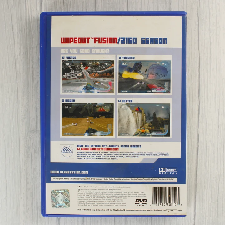 WipEout Fusion PS2 hátlap WipEout Fusion PlayStation 2 játék hátlapja