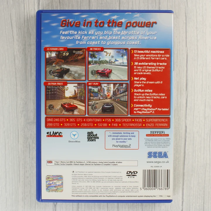 OutRun 2006 Coast 2 Coast PS2 hátlap Az OutRun 2006 Coast 2 Coast PlayStation 2 játék hátlapi borítója